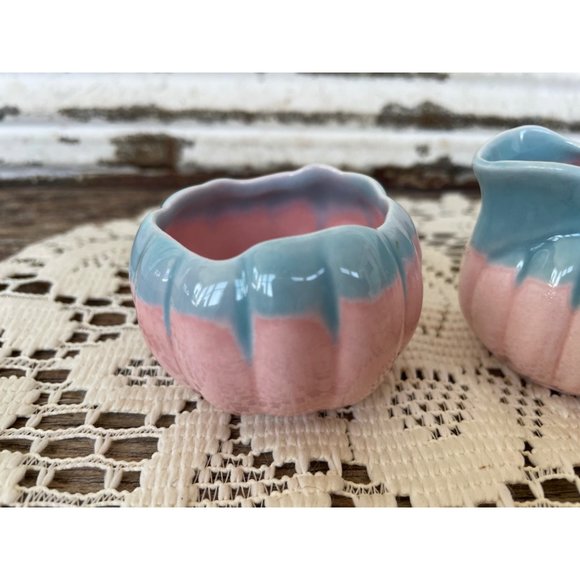 Vintage Small Melon Shaped Creamer Sugar Pink Blue - Picture 9 of 9